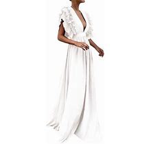 Women Dresses Summer 2023 Ruffle Sleeve Tiered Midi Dress Tie Waist A Line Long Party Dress Wrap V Neck White Dress M
