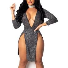 Emmababy Women Sequined Party Club Dress Deep V Neck Long Sleeve Split Bodycon Dance Dress