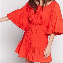 Joie Dresses | Joie Colstana Bell Sleeve Ruffle Hem Salsa Cotton Dress With Pockets Xs | Color: Orange/Red | Size: Xs