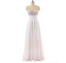 White Beaded Bodice Sheer Straps Chiffon Prom Dress With V-Back