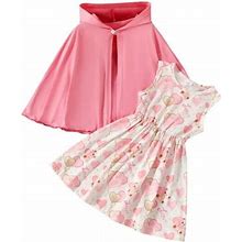 Aigur Little Girl Valentine's Day Dress With Hooded Cape Heart Bear Print Round Neck Sleeveless A-Line Dress