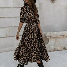 Aoochasliy Women's Dresses Fall Clearance Fashion Women Stand Collar Long Dress Single Breasted Leopard Printed Dress