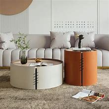 Round Coffee Table Sets With Saddle Leather & Plywood & Metal Set Of 2
