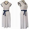 Vintage Polka Dot Dress // 1970S White Sheath Dress With Blue + Red Circles // Belted Seventies Frock From Langvintage // Medium