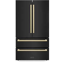 ZLINE 36" Autograph 22.5 Cu. Ft. Refrigerator With Ice Maker In Black Stainless Steel And Champagne Bronze Square Handles, RFMZ-36-BS-FCB