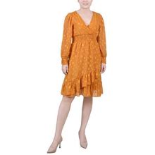 Ny Collection Petite Long Sleeve Smocked Waist Dress - Mustard Multi Dot - Size P/S