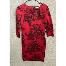 New York & Company Dresses | Ny&C Stretch Womens Red Black Paisley Body Con 3/4 Sleeve Dress Size Medium | Color: Black/Red | Size: M