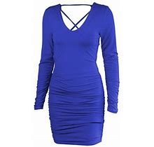 Genema Womens Autumn Long Sleeve Sexy V-Neck Ruched Bodycon Mini Dress Cutout Backless Cross Lace-Up Bandage Solid Party Clubwear