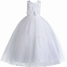 Reoriafee Girls Lace Tulle Flower Princess Party Dresses Sleeveless Lace Bow Mesh Dress Gauze Dress Princess Dress White 6-7 Years