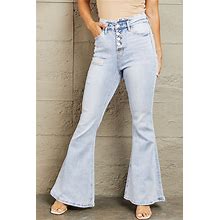 High Waisted Button Fly Flare Light Blue Jeans, Light / 30