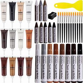 Wood Repair Kit For Furniture, 12 Colors Wood Filler With 8 Colors Wood Repair Markers And Wax Sticks Sharpener Kit Scratch Cover Surface