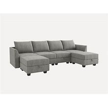 HONBAY Polyester 112.21' Wide 7-Seater Modular Sectional Sofa With Storage Reversible Chaises, Modular Sofa With Bed, Modular Sleeper Sofas, Gray