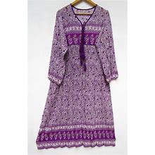 Purple Little Printed Cotton Long Maxi Dress - V Neckline With Tassel Casual Wear Maxi Dress - Long Sleeve Maxi Dress
