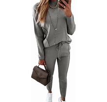 Cindysus Ladies Two Piece Outfit Solid Color Tracksuit Sets Long Sleeve Sweatshirt And Sweatpants Plain Running Crew Neck Jogger Set Gray Blue 2XL