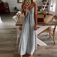 Hombom Gray A-Line Dress For Women Sleeveless Maxi Dresses For Women V-Neck Solid Beach Vacation Dresses S