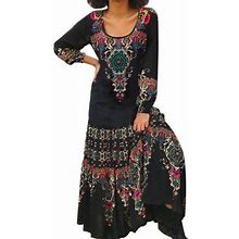 Sayhi Women's Long Sleeve Ethnic Print Flared Flowy Round Neck Cotton Maxi Dress Burgundy Tea Length Dress For Women