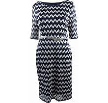 Connected Dresses | Connected Women's Metallic Chevron Lace Belted Sheath Dress - Navy | Color: Blue | Size: 10