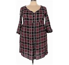 Torrid Casual Dress V-Neck 3/4 Sleeve: Burgundy Plaid Dresses - Women's Size 2X Plus