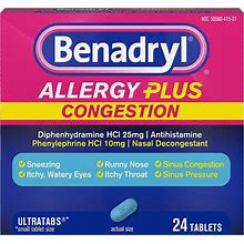 Benadryl Allergy Plus Congestion Ultratabs With Allergy & Sinus, 24 Ct