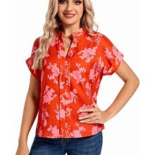 Floral & Print Notched Blouse, Women's Floral Print Neck Blouse Casual Short Spring Summer Women's Clothing Sleeve Blouse,Red,All-New,Temu