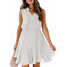 Sidefeel Womens Casual Sleeveless V Neck Solid Ruffle Dresses Pom Pom Detailing Swiss Dot Elegant Empire Waist Flowy Mini Short Skirt Dresses Sundress White Medium