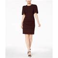 Calvin Klein Womens Maroon Ruched Plaid Pouf Sleeve Jewel Neck Knee Length Cocktail Shift Dress 2