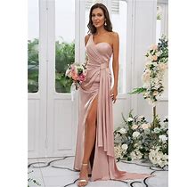 2024 Sheath Charmeuse One-Shoulder Long Dusty Rose Bridesmaid Dress