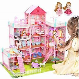 Cute Stone 11 Rooms Huge Dollhouse With 2 Dolls And Colorful Light,