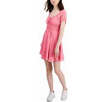 Self-Esteem Juniors' Short-Sleeve Peasant Mini Dress - Agave Pink - Size XS