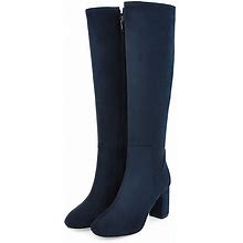 Women's Boots Ladies Shoes Valentines Gifts Riding Boots Party Daily Knee High Boots Block Heel Round Toe Vintage Casual PU Zipper Dark Blue US9.5-10