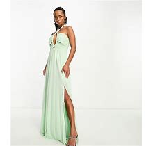 ASOS DESIGN Petite Halterneck Channel Mesh Maxi Dress In Sage Green-Multi - Multi (Size: 0)