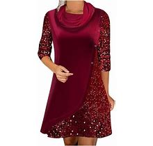 Levmjia Maxi Party Dress For Women Petite Women's Merry Christmas Sequin Patchwork Button Long Sleeve Solid Mini Dress