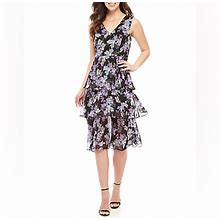 Nine West Dresses | Nine West Floral Ruffle Midi Dress Size 2 | Color: Black/Purple | Size: 2
