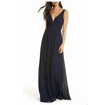 Lulus Navy Blue V-Neck Ruched Chiffon A-Line Maxi Dress Gown