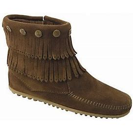 Minnetonka Women's Double Fringe Side-Zip Boots, Size 5 Medium, Dusty Brown