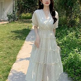 Ditsy Floral Print Dress, Elegant Ruffle Trim V Neck Short Sleeve Summer Dress, Women's Clothing,Creamy White,Handpicked,Temu