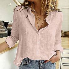 Clearance Top! Women's Loose Linen Button Solid Lapel Long Sleeves Shirt Casual Blouse Pink Xxxxl