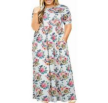 Wqjnweq Wear To Work Plus Maxi White Dresses For Women Plus Size Ladies Casual O-Neck Summer Short Sleeve Print Loose Pocket Long Dress Cheistmas