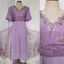 Vintage 70'S Lilac Crepe And Embroidered Organza Assymetrical Prom Maxi Dress, Bridal
