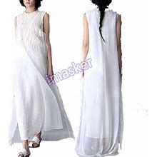 Women's Summer Sleeveless Maxi Linen Cotton Loose White Dress Long