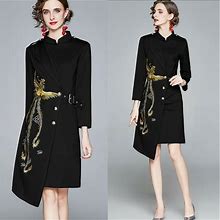 Women Phoenix Embroidered Irregular Hem Black Stand Collara-Line Dress