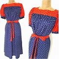 Vintage Dresses | Vintage 80S Puff Sleeve Day Dress Size Large Belted Secretary | Color: Blue/Red | Size: L