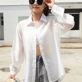 Solid Color Shirt, Women's Button Front Long Sleeve Shirt Spring Summer Women's Clothing Shirt,White,Handpicked,Temu