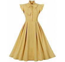 Quyuon Womens Cocktail Dress Button Front Ruffle Sleeve Bowknot A-Line Midi Dress Wedding Guest Retro Cocktail Party Swing Dresses Elegant Formal Knee