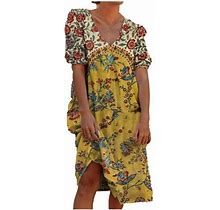 Chgbmok Womens Casual Plus Size Summer Dresses Floral Bohemian Dress A-Line V Neck Sundress With Print Ruffle Short Sleeve