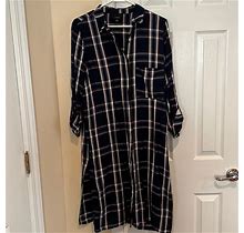 Nasty Gal Dresses | Navy Blue And Maroon Plaid Button Up Maxi Dress With 2 Leg Slits Size Large | Color: Blue | Size: L