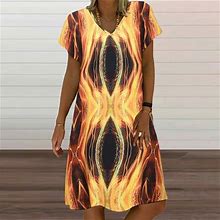 Tagold Summer Dresses For Women 2022, Women's Fashion Casual Comfortable Printed Short Sleeve V-Neck Knee Length Dress Yellow M