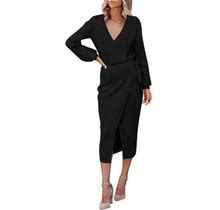 Lroplie Black Dresses For Women Wrap V Neck Long Sleeve Sweater Tie Waist Bodycon Knit Midi Elegant Womens Dress 2023 L