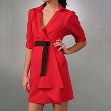 Nanette Lepore Dresses | Nanette Lepore Modern Love Red Collar V-Neck Belted Waist Belt Sleeve Wrap Dress | Color: Brown/Red | Size: 12
