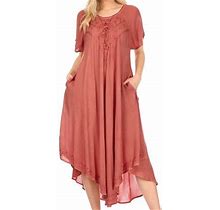 Sakkas Lilia Embroidered Lace Up Bodice Relaxed Fit Maxi Sun Dress - Brown - One Size Regular